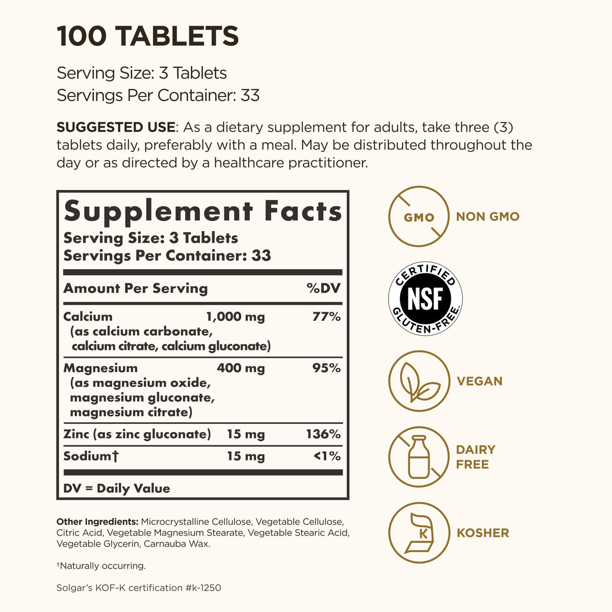 Solgar Calcium Magnesium Plus Zinc - 100 Tablets - image 2