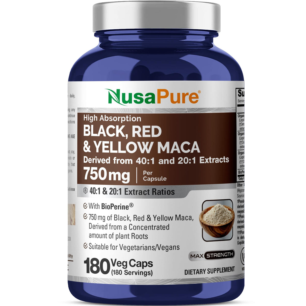 NusaPure Maca Root Black, Red & Yellow Vegan - 180 Vegetarian Capsules
