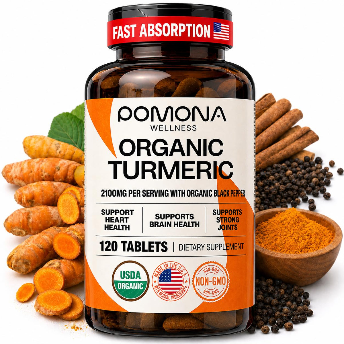 Pomona Wellness Organic Turmeric Curcumin with Black Pepper - 120 Tablets