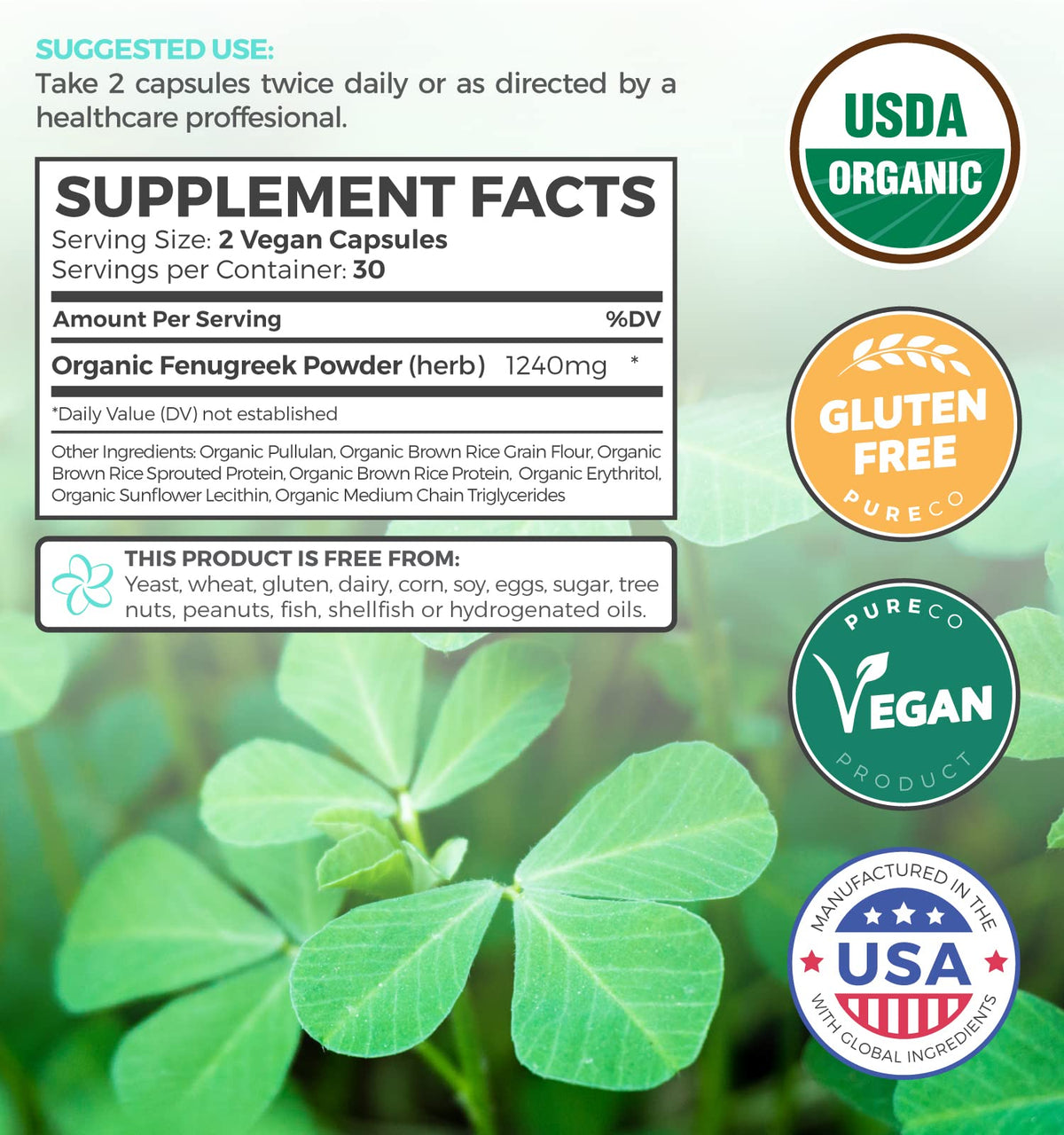 PURE CO Organic Fenugreek Capsules for Lactation Support - 60 Vegan Capsules - image 5