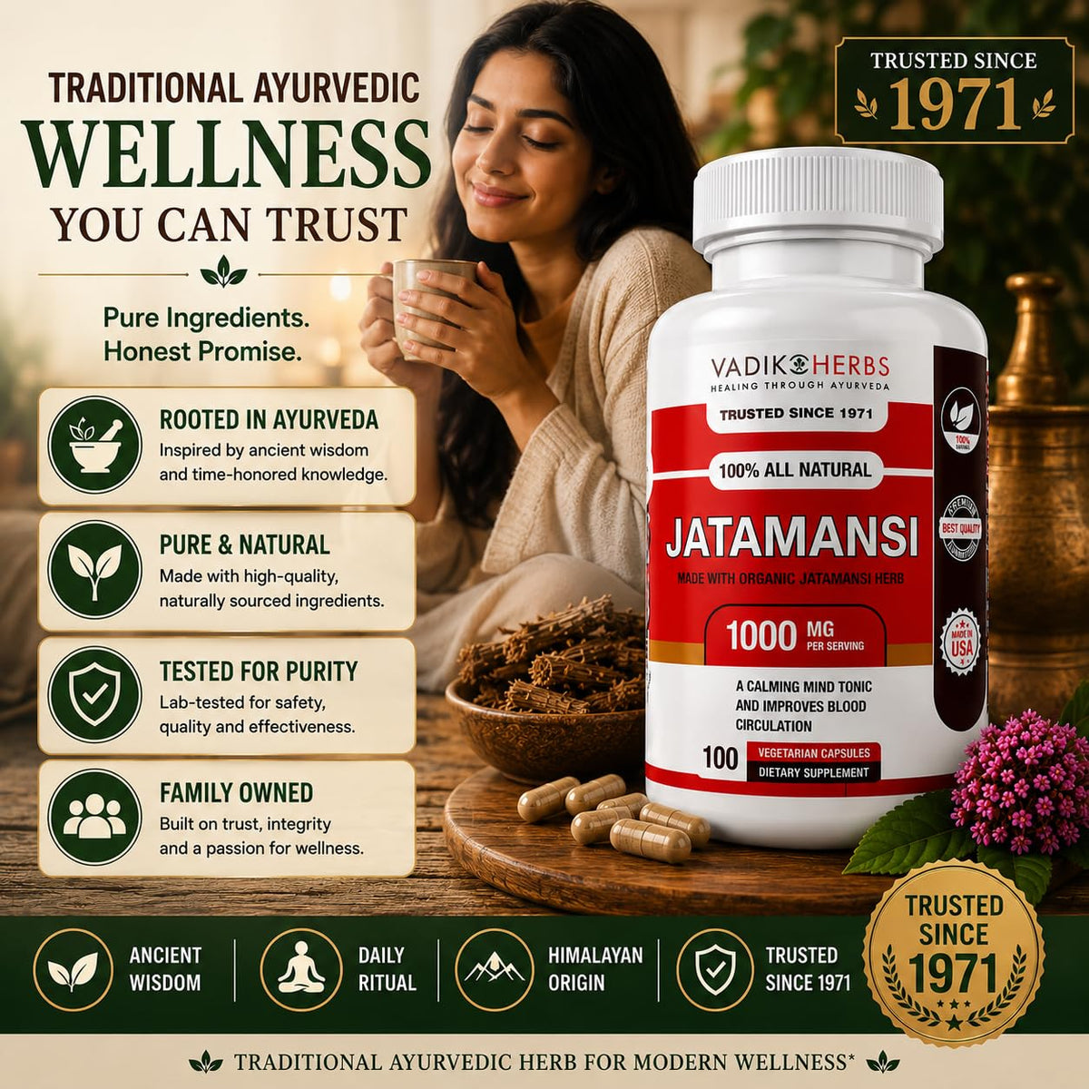 Vadik Herbs Jatamansi Capsules 1000mg for Sleep - 100 Vegetarian Capsules - image 4