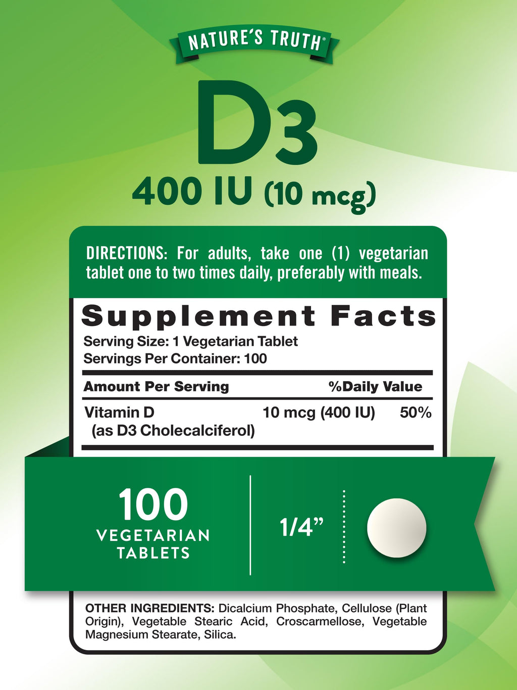 Nature's Truth Vitamin D3 400 IU - 100 Tablets - image 2