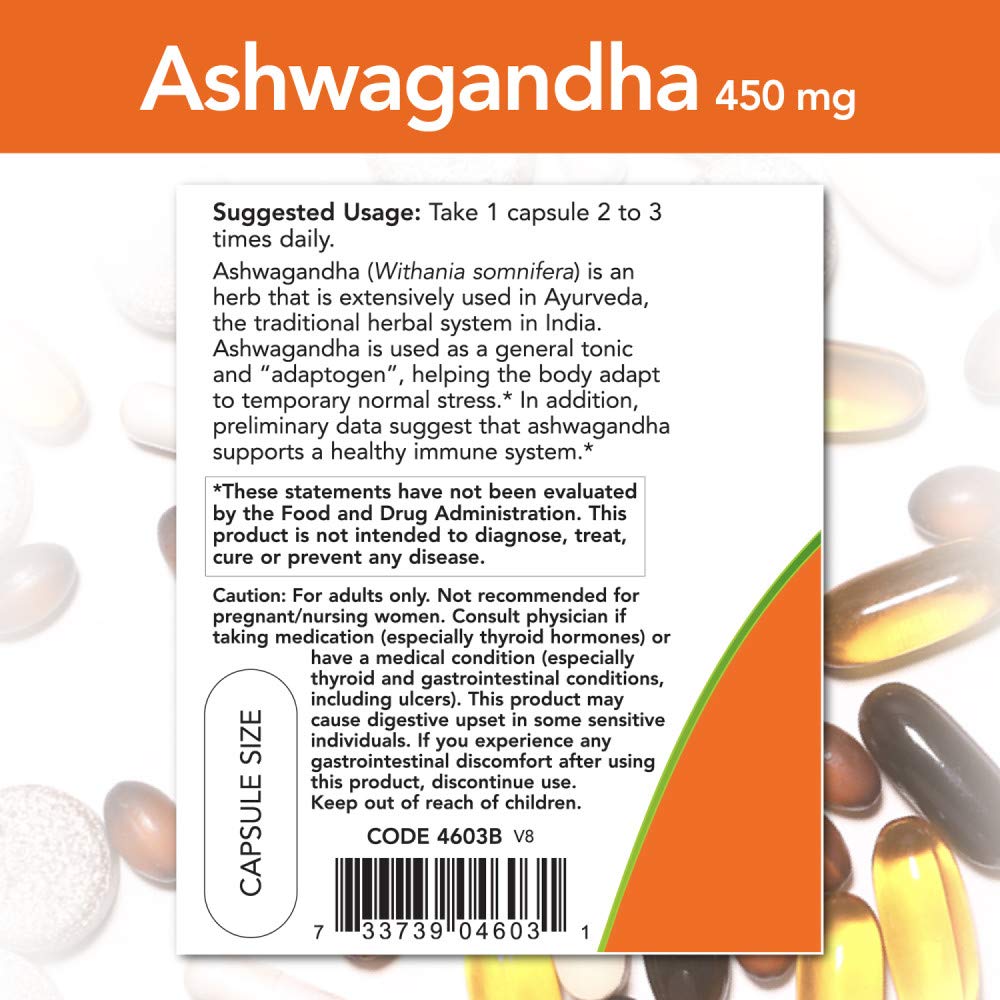 NOW Foods Ashwagandha Extract 450mg Adaptogen - 180 Vegetarian Capsules - image 3