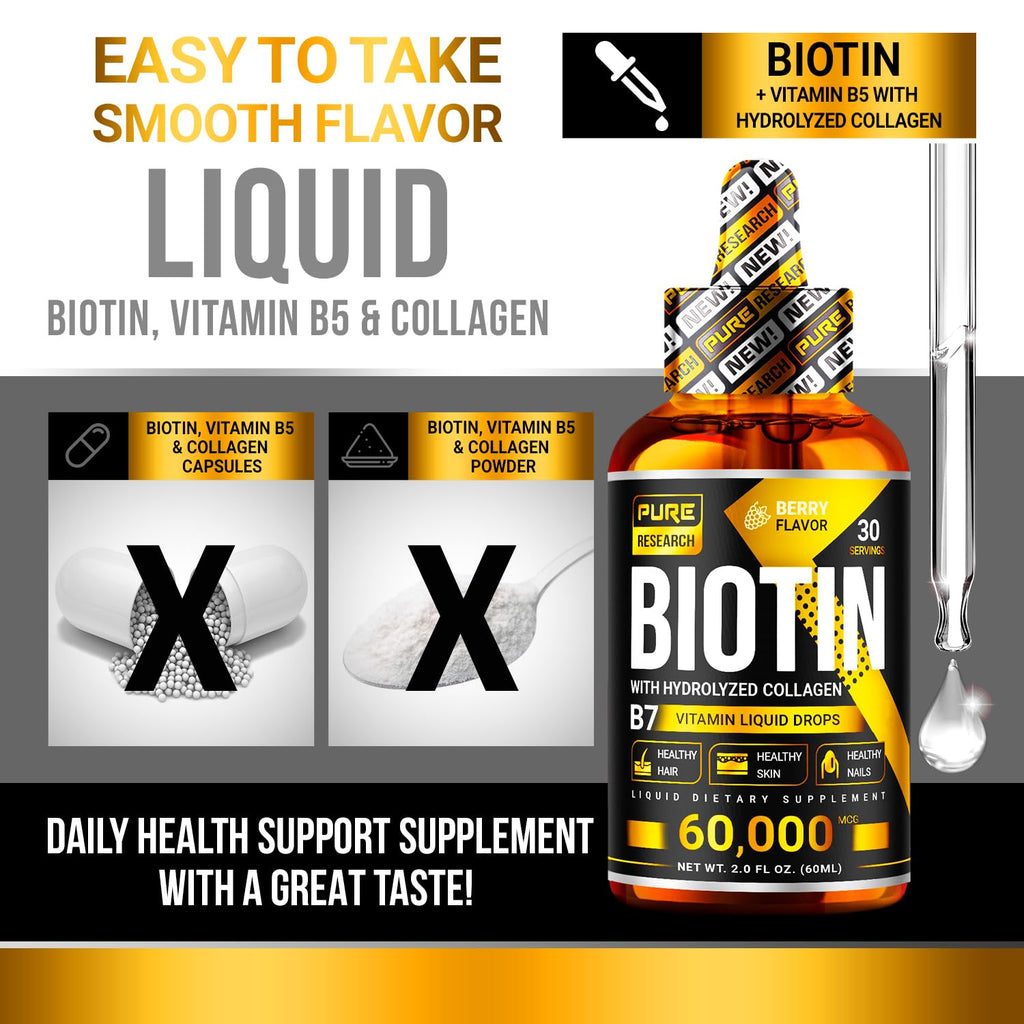 PURE RESEARCH Liquid Biotin & Collagen Hair Growth Drops 60,000mcg - 2 Fl Oz - image 2