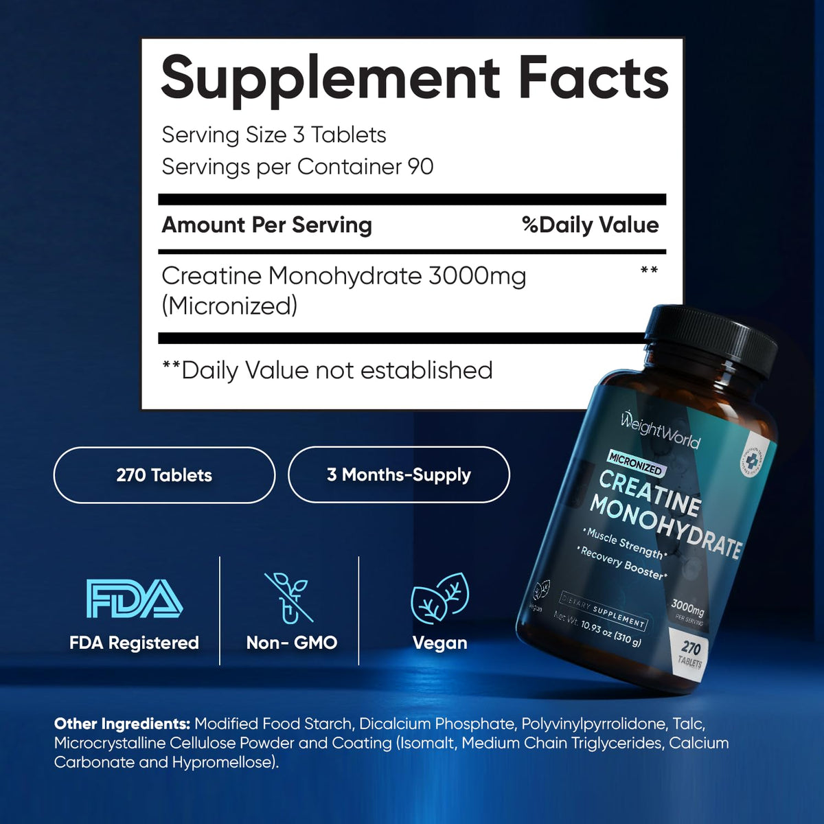 WeightWorld Micronized Creatine Monohydrate 1000mg - 270 Tablets - image 5