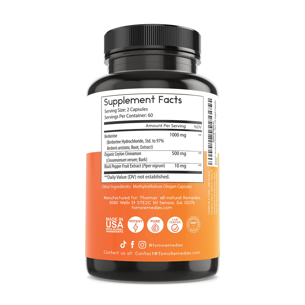 Thomas' all-natural Remedies Berberine 1000mg - 120 Vegetarian Capsules - image 7