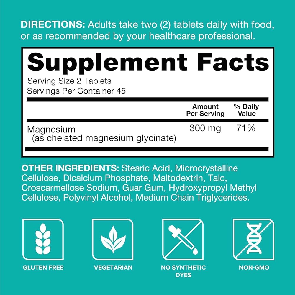 Qunol Magnesium Glycinate Tablets 300mg, 100% Chelated, Gluten-Free