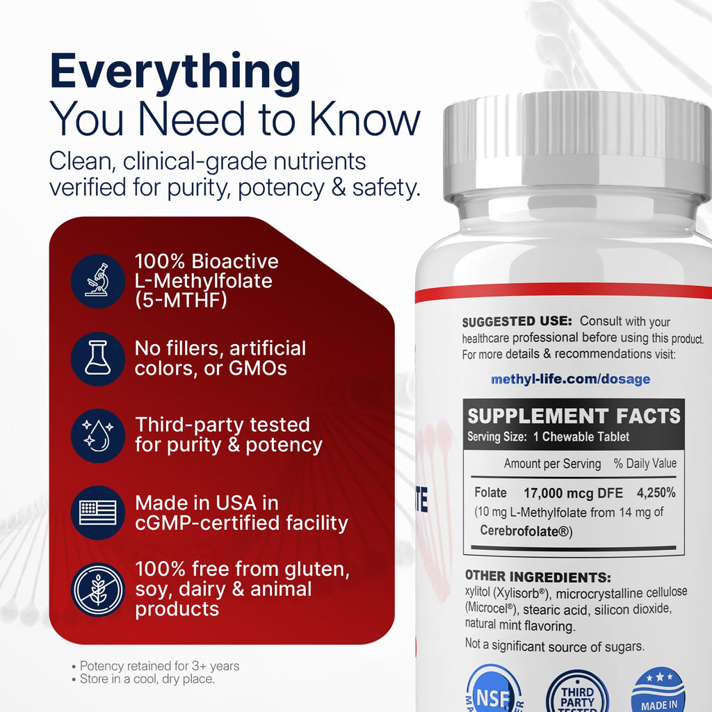 Methyl-Life L-Methylfolate 10 mg Chewable Tablets - 90 Count - image 2