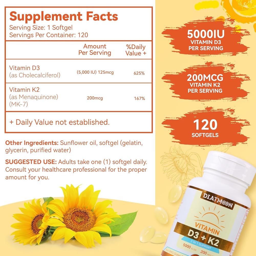 DIATMOON Vitamin D3 K2 Supplement Softgels