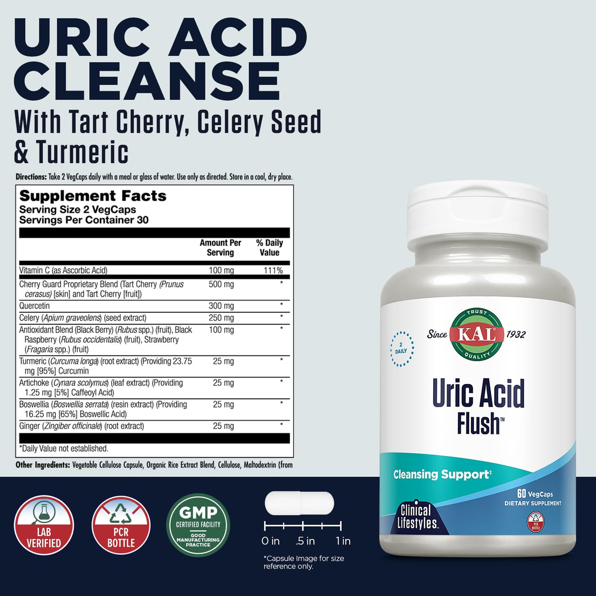 KAL Uric Acid Flush Tart Cherry Blend Joint Support - 60 Vegetarian Capsules - image 3