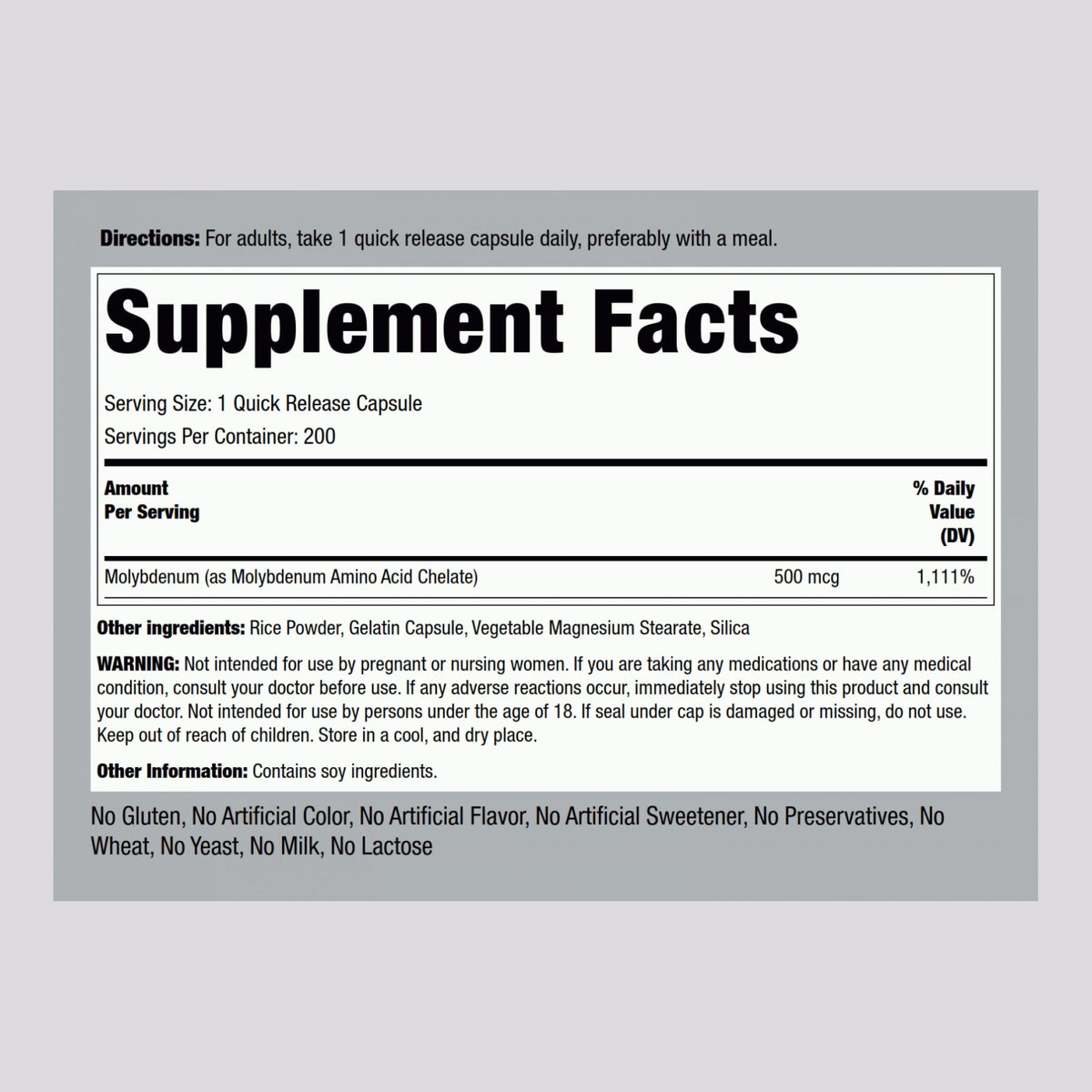 Piping Rock Molybdenum 500 mcg - 200 Capsules - image 2