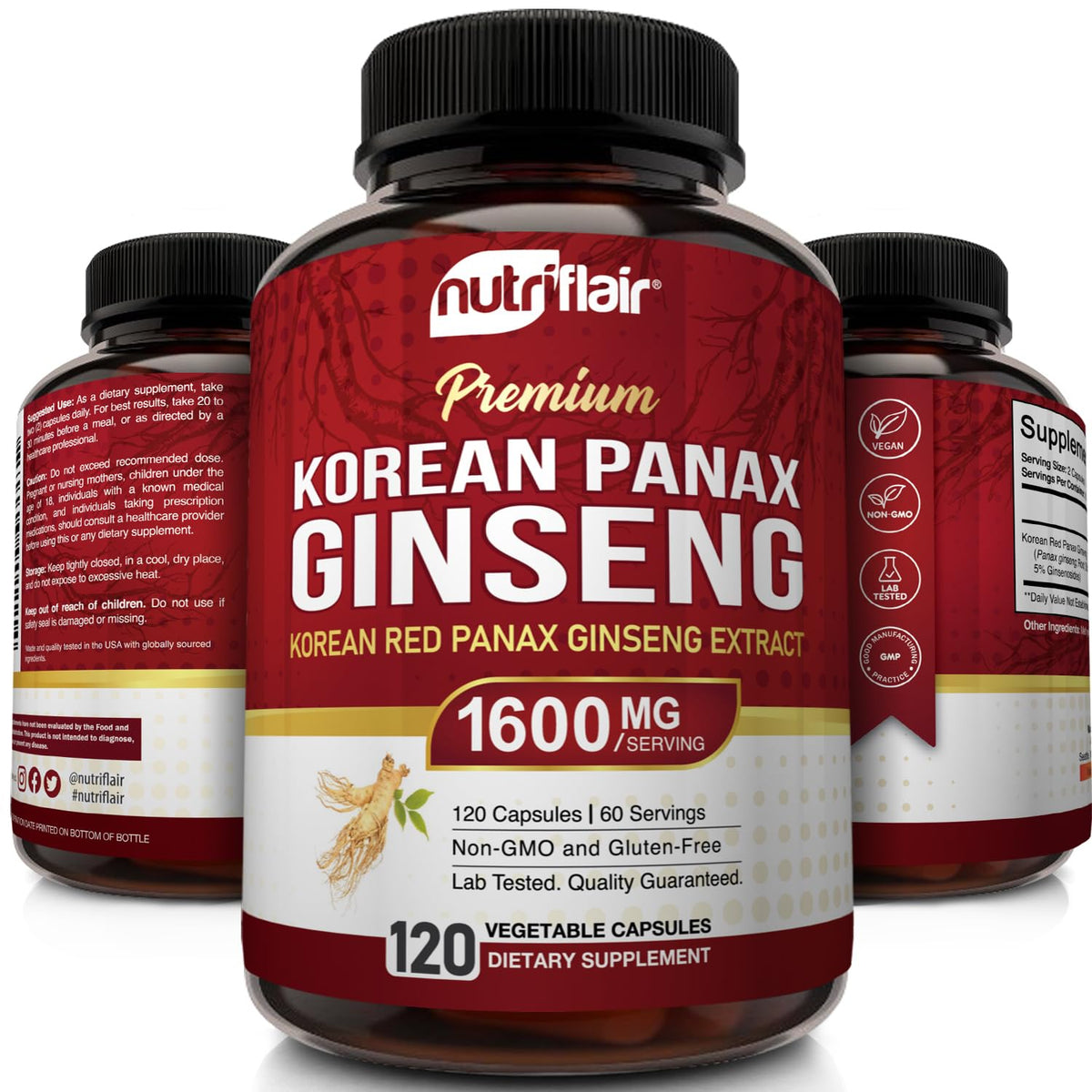 NutriFlair Korean Red Panax Ginseng 1600mg Energy & Focus - 120 Capsules - image 4