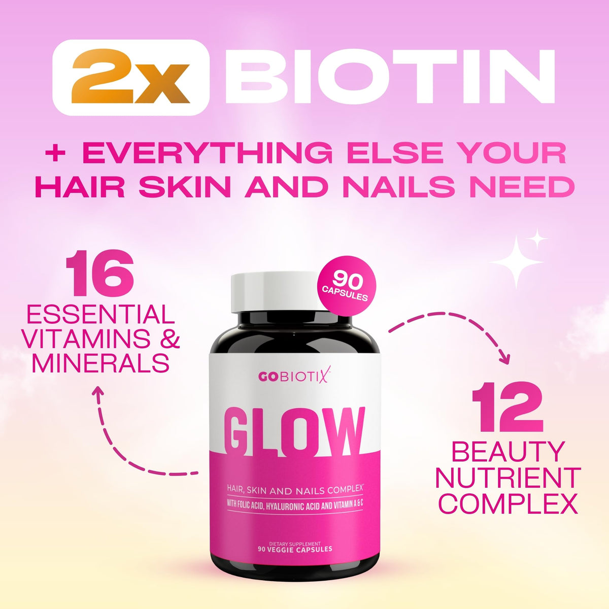GOBIOTIX Hair, Skin & Nails Vitamins for Women 10,000mcg Biotin - 90 Capsules - image 2