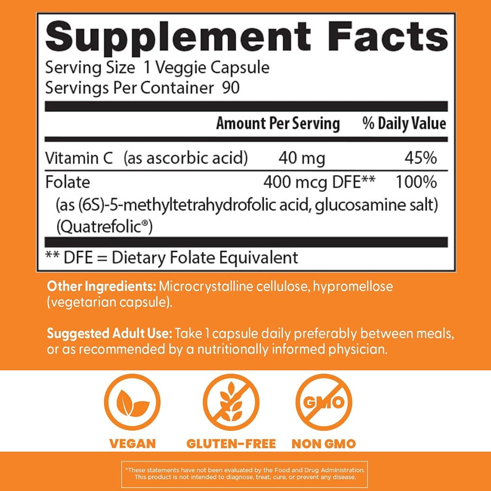 Doctor's BEST Folate Supplement 400 mcg Brain Health - 90 Vegetarian Capsules - image 4