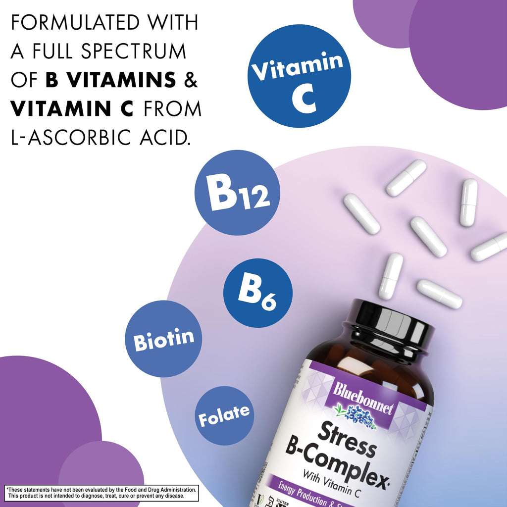 BlueBonnet Stress Relief B Complex Vitamin - 100 Vegetarian Capsules - image 3