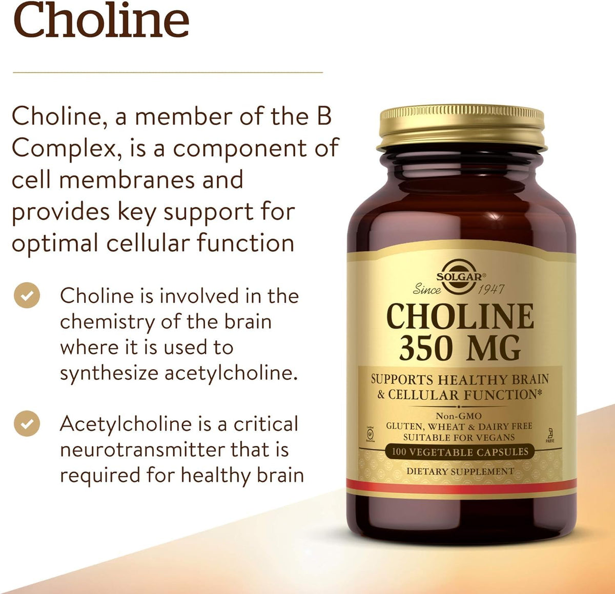 Solgar Choline 350 mg for Brain Support - 100 Vegetable Capsules - image 3