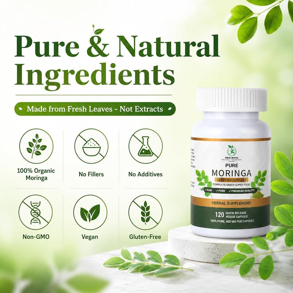 MEDI BOTIC Organic Moringa Capsules 800mg, 3rd Party Tested & Non-GMO