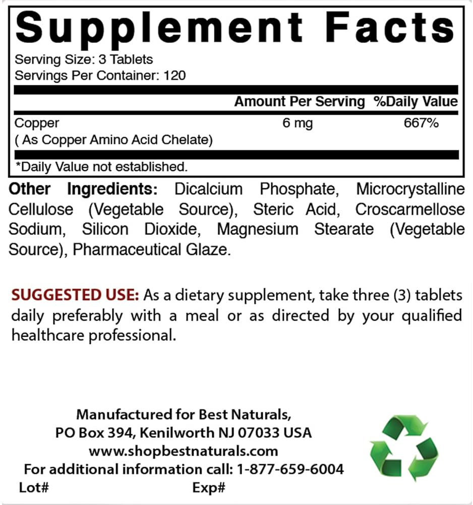 Best Naturals Copper Chelate 6 mg - 360 Tablets - image 2