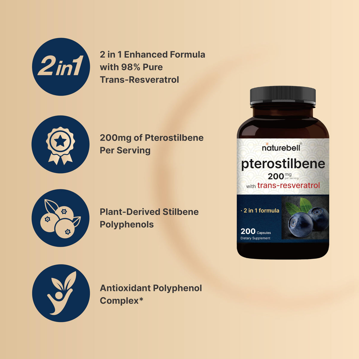 NatureBell Pterostilbene 200 mg with Trans-Resveratrol - 200 Capsules - image 3