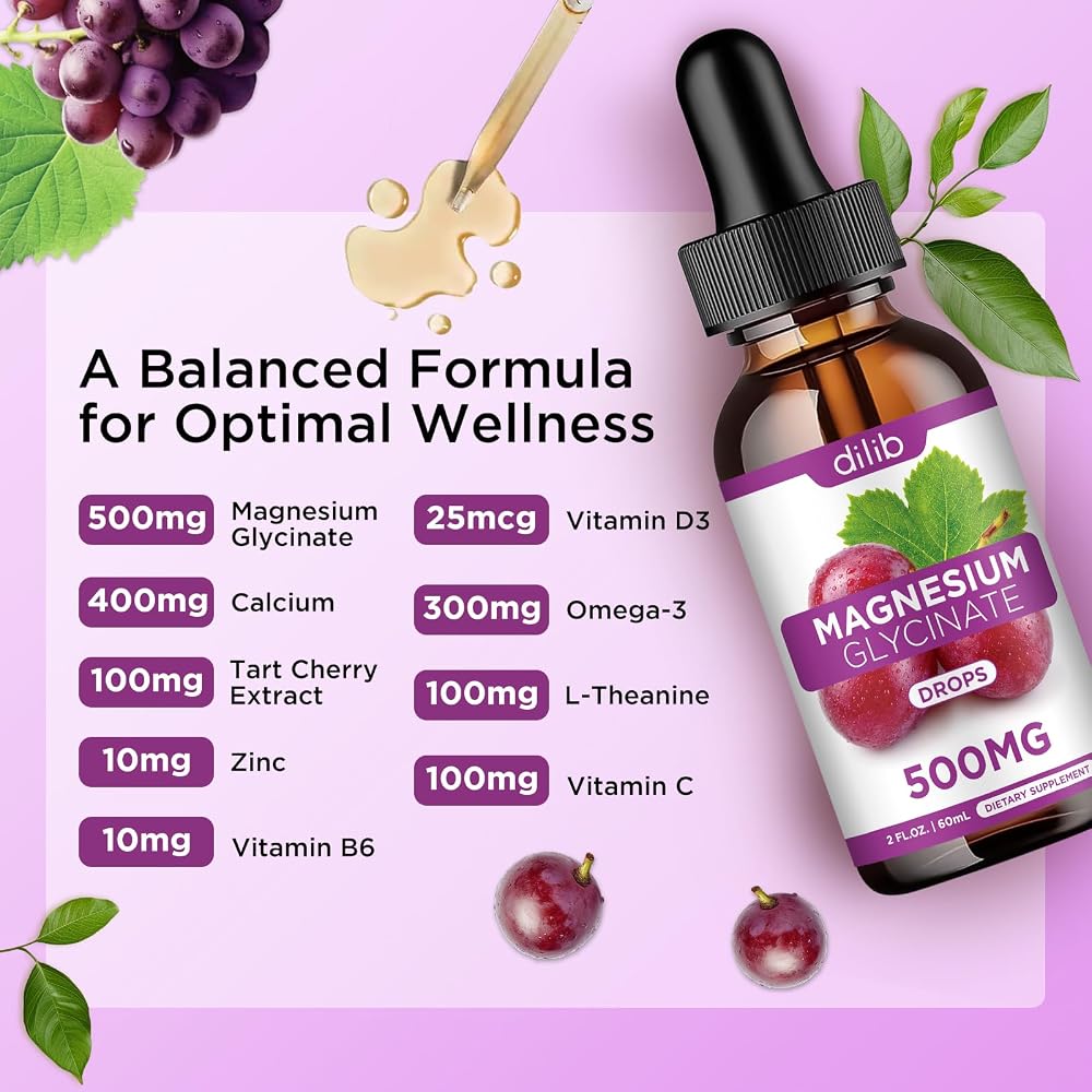 2 Pack Magnesium Glycinate Liquid Drops, Magnesium Glycinate Supplement 500mg with Calcium, Zinc, Vitamin B6, D3, L-Theanine, Omega 3 for Sleep, Mood, Stress Relief, Bone, Muscle, Grape Flavor 4 Fl Oz - image 2