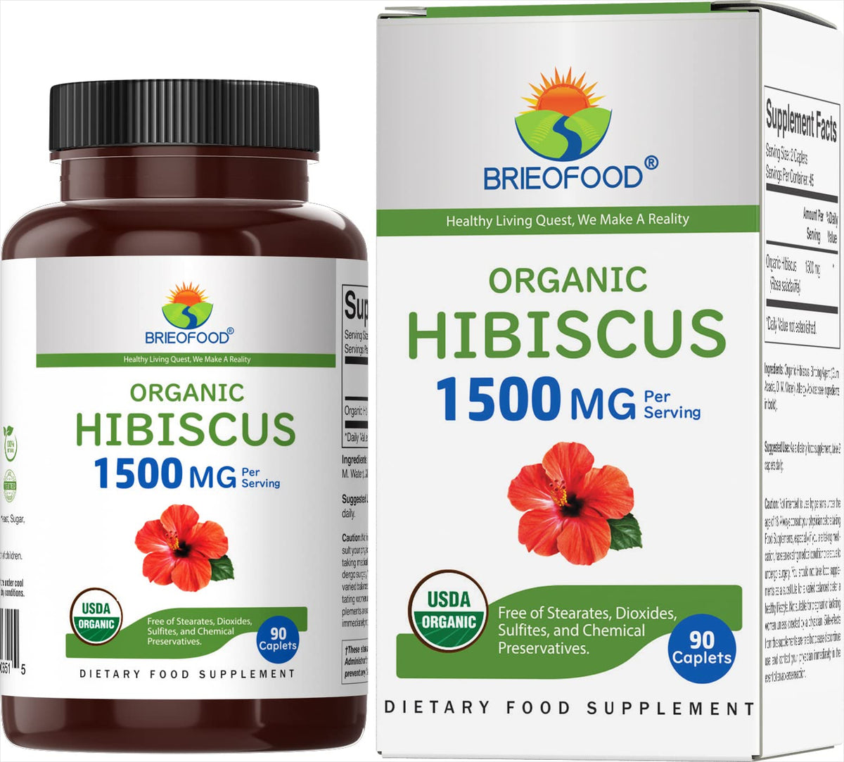Brieofood Organic Hibiscus 1500mg - 90 Vegetarian Tablets