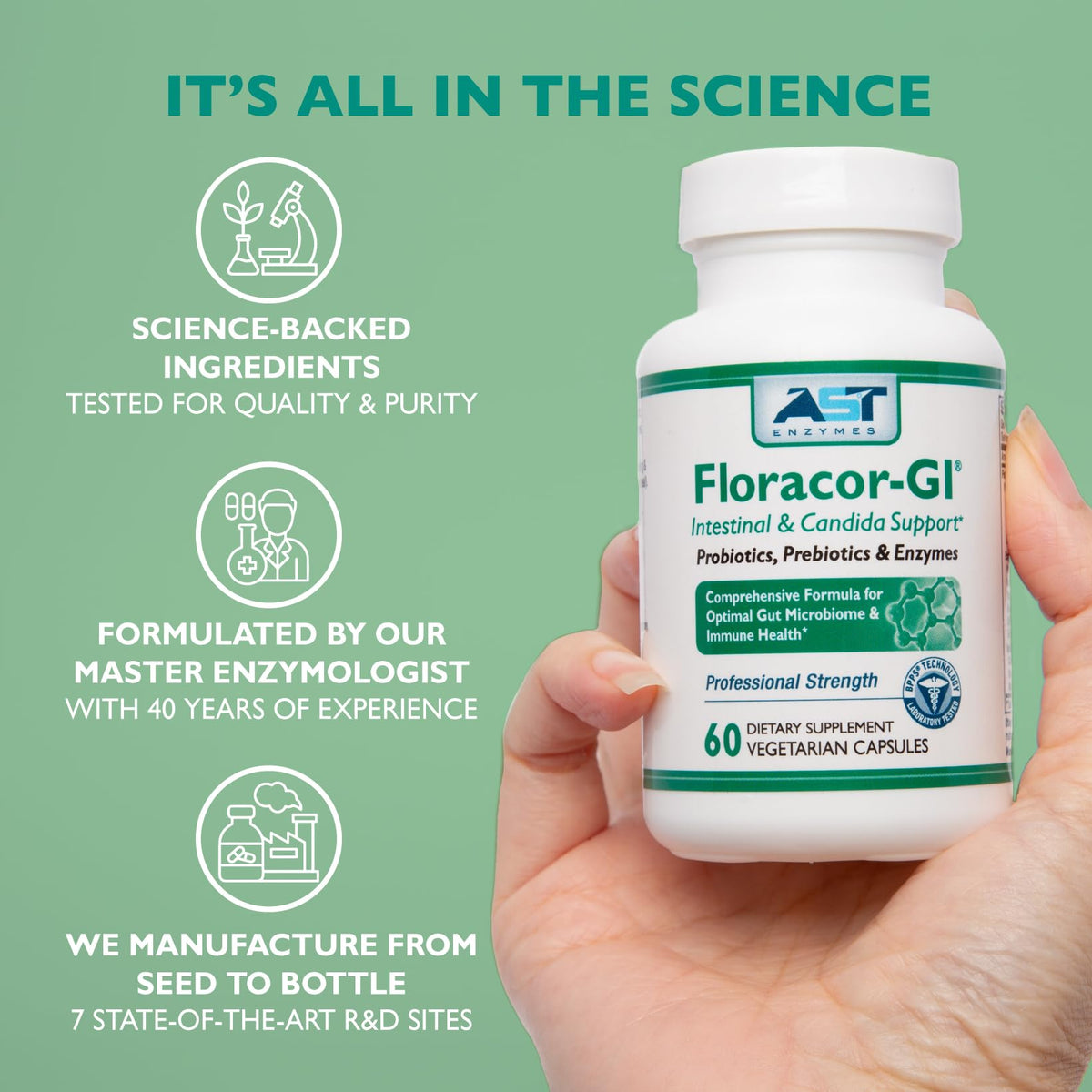 AST Enzymes Floracor Probiotic & Enzyme Formula - 60 Vegetarian Capsules - image 6