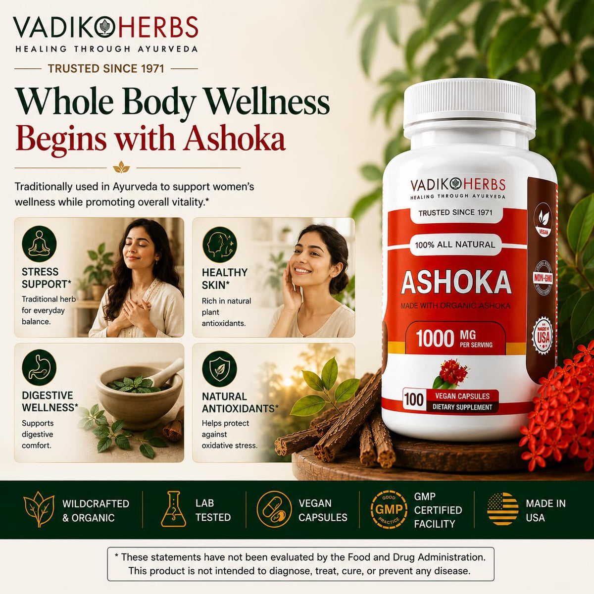 Vadik Herbs Ashoka Bark 1000 mg Women's Wellness - 100 Vegetarian Capsules - image 8