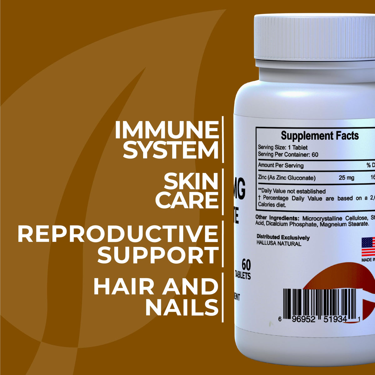 Hallusa Natural Zinc 25mg Gluconate Immune Support - 60 Tablets - image 2