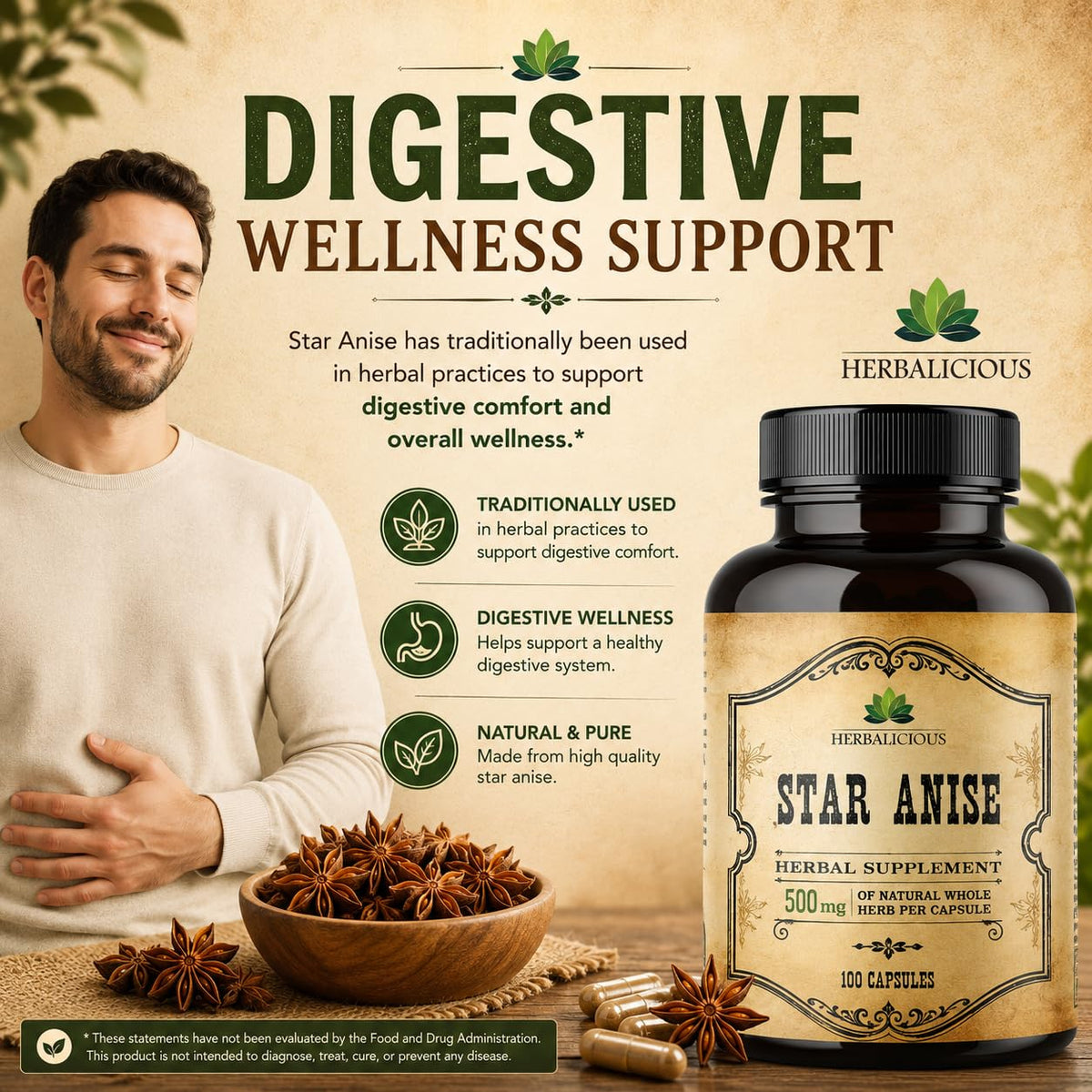 HERBALICIOUS Star Anise Supplement Organic 1000mg - 100 Capsules - image 3