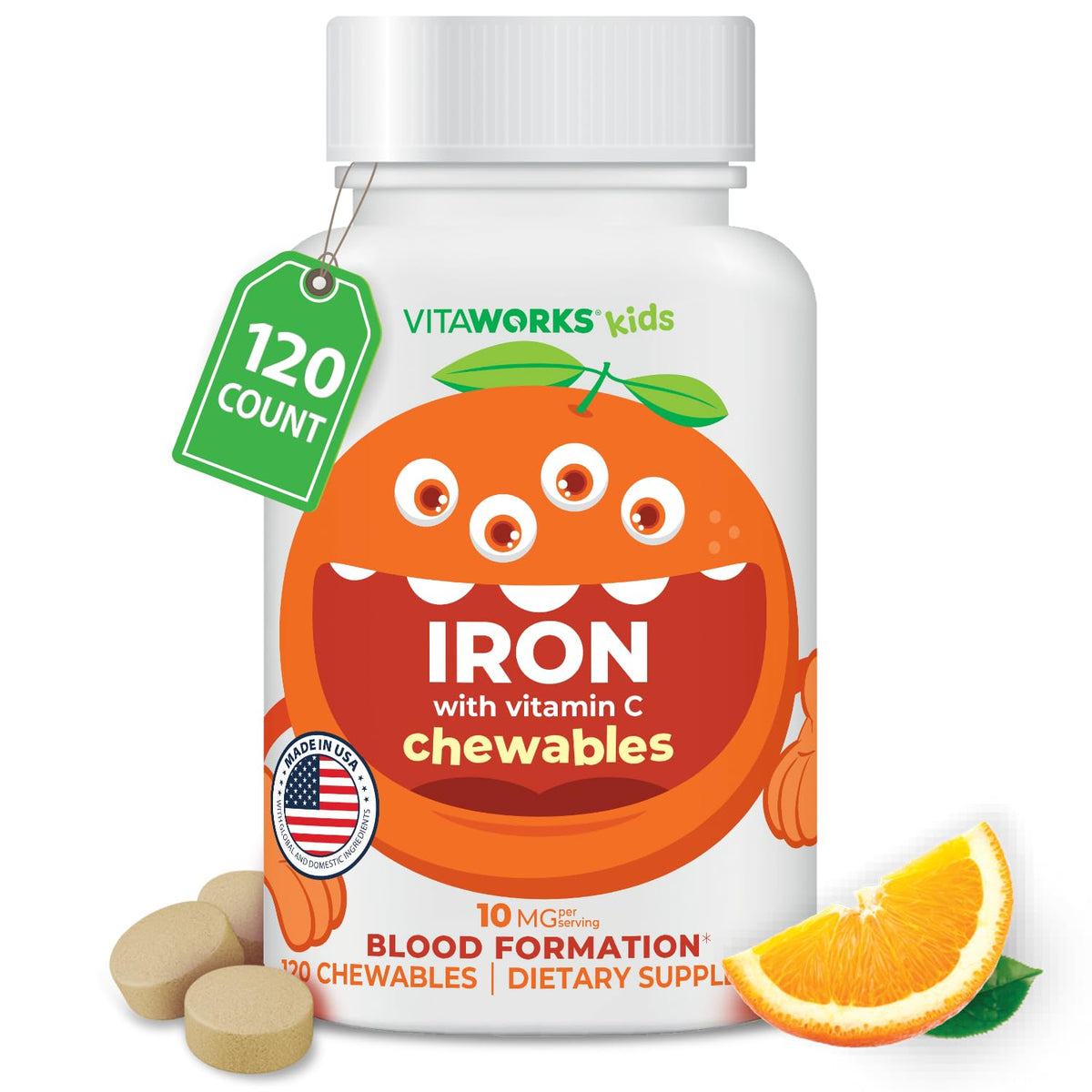 VitaWorks Chewable Iron Supplement for Kids 10 mg - 120 Tablets