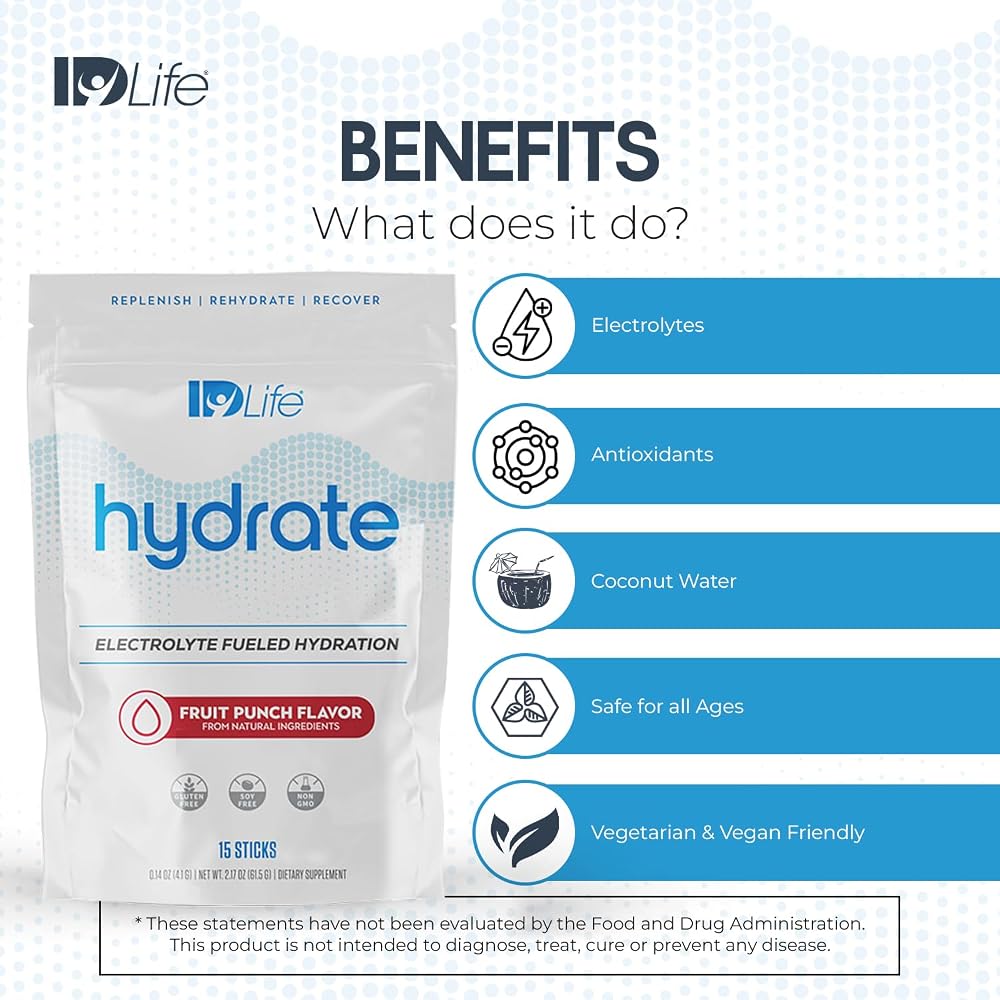 IDLife Hydrate Electrolyte Replacement Powder Fruit Punch - 15 Sticks - image 4