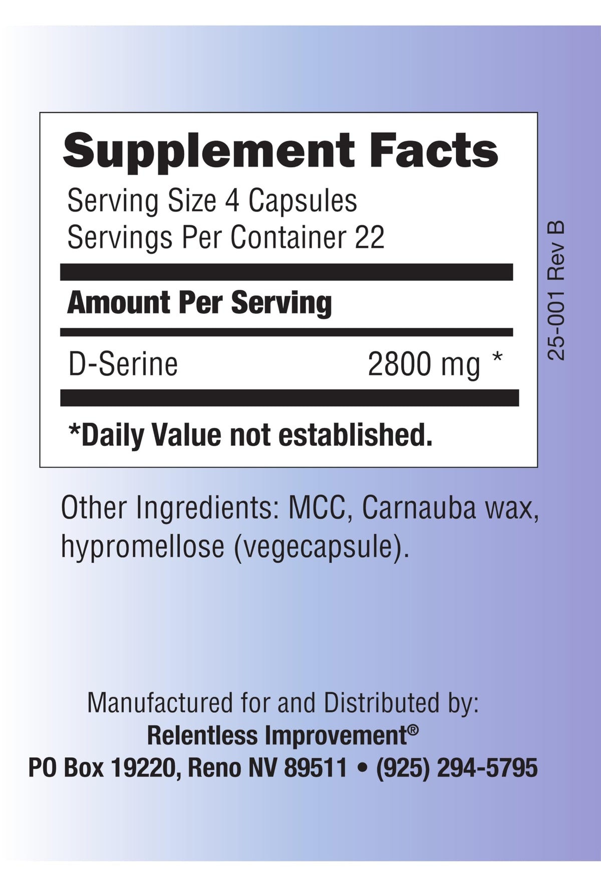 Relentless Improvement D-Serine Amino Acid 700mg - 90 Vegetarian Capsules - image 3