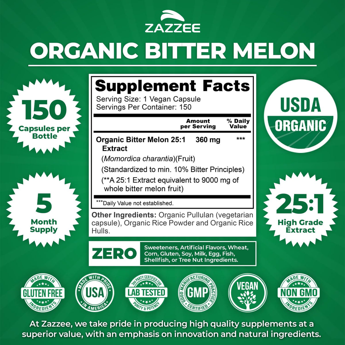 Zazzee USDA Organic Bitter Melon 25:1 Extract - 150 Capsules - image 3