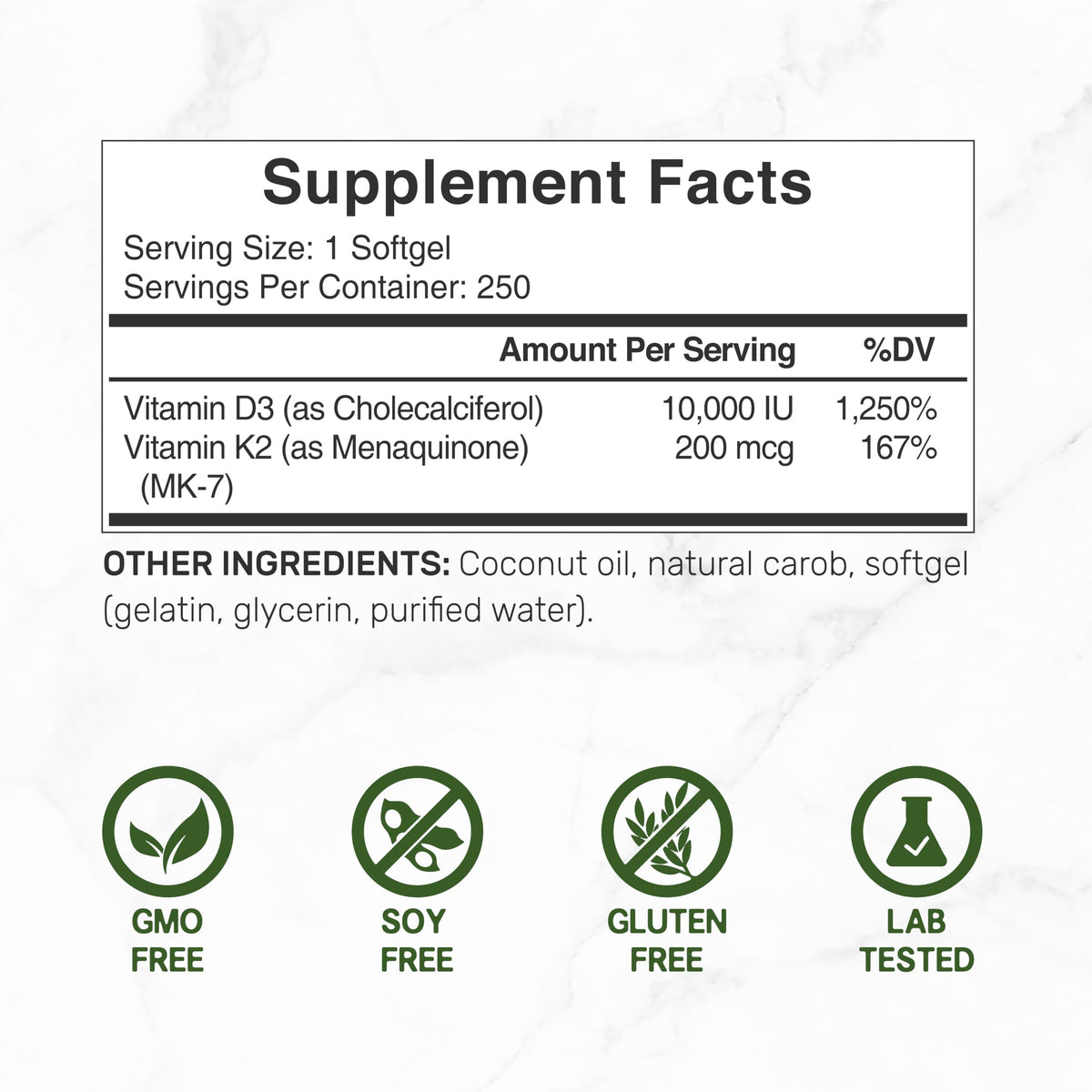 DEAL SUPPLEMENT Vitamin D3 10,000 IU + K2 MK7 Softgels - 250 Count - image 2