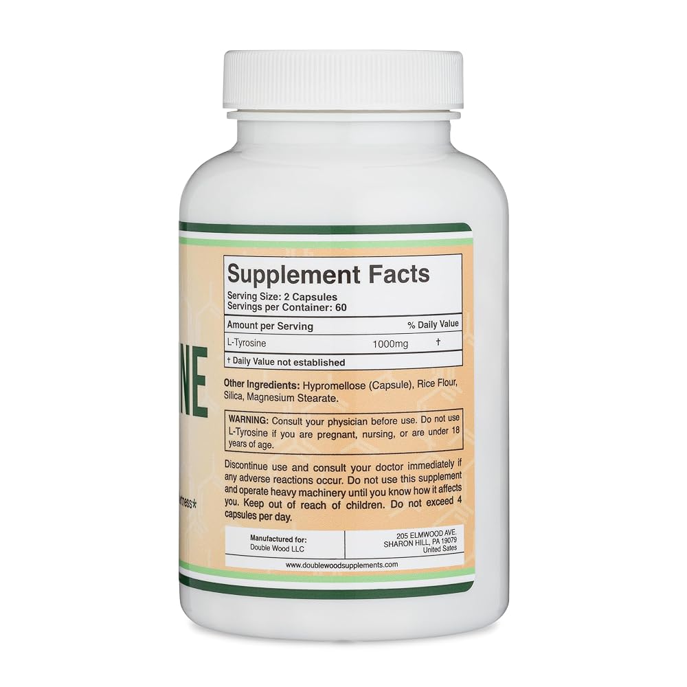 Double Wood Supplements L-Tyrosine 1,000mg Focus & Mood Support - 120 Capsules - image 3