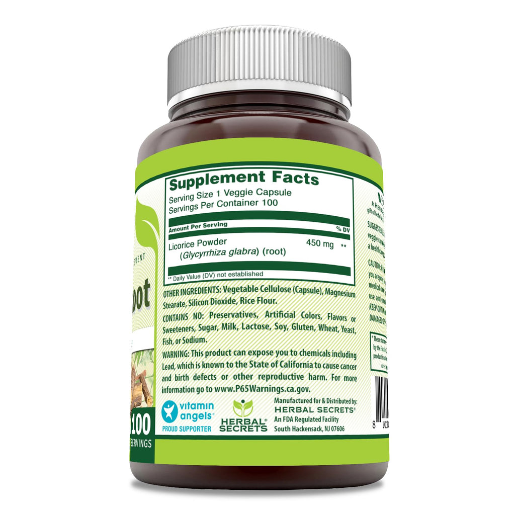 Herbal Secrets Licorice Root 450 Mg - 100 Vegetarian Capsules - image 2