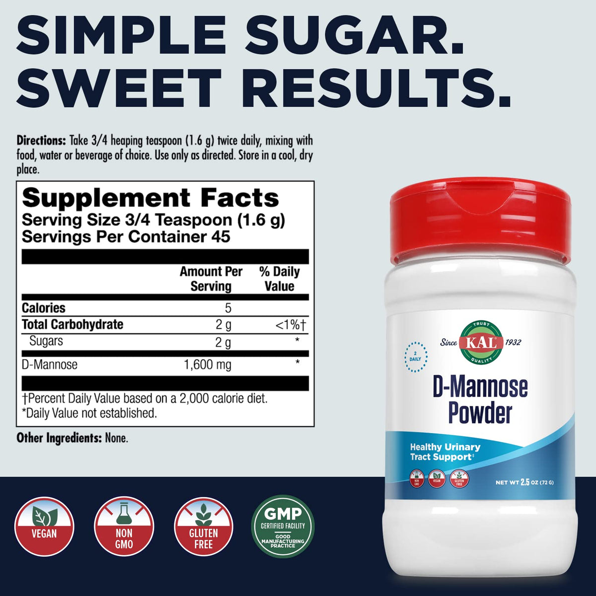 KAL D-Mannose Powder 1600 mg Urinary Tract Support - 45 Servings - image 2