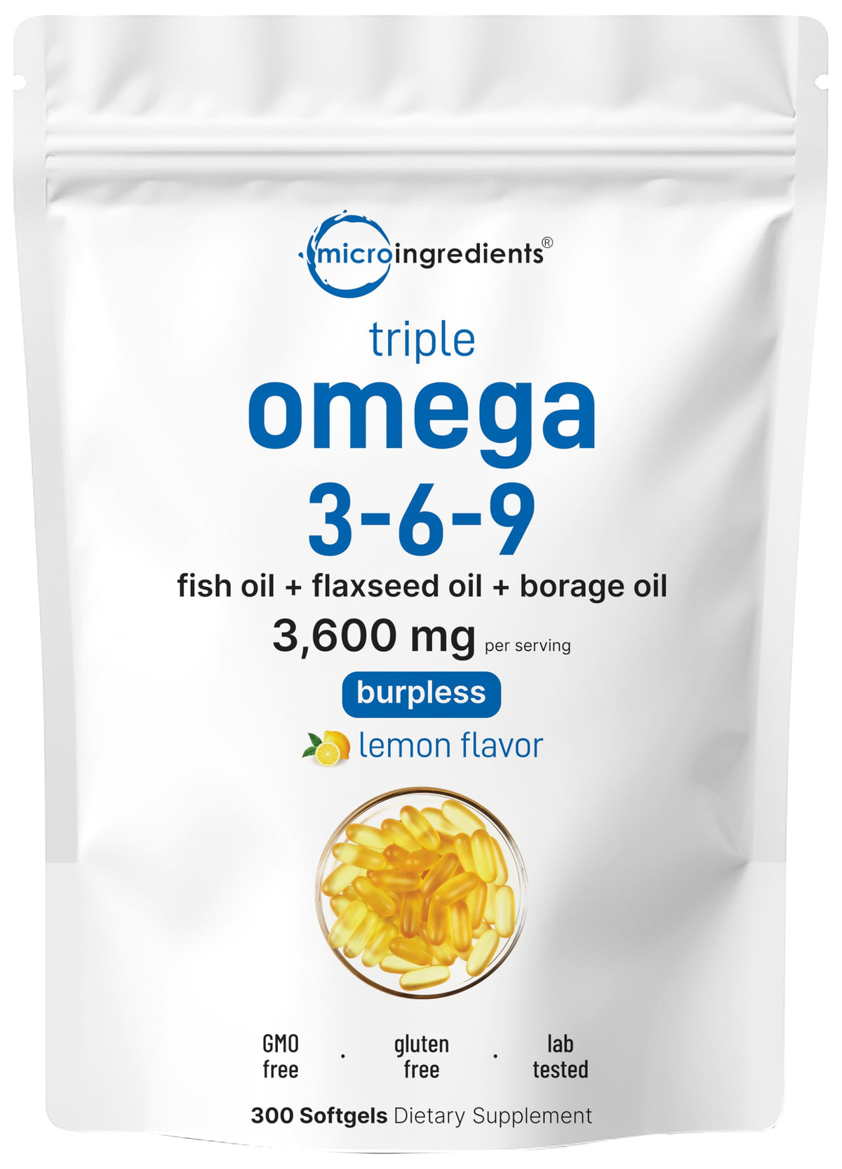 Micro Ingredients Omega 3-6-9 3600mg Heart & Brain Support - 300 Softgels