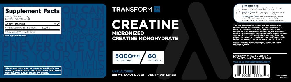 TransformHQ Creatine Monohydrate Powder Unflavored - 60 Servings - image 5