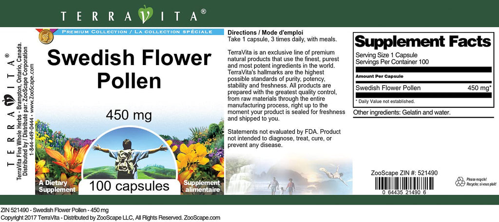 Terravita Swedish Flower Pollen - 450 mg (100 Capsules, ZIN: 521490)