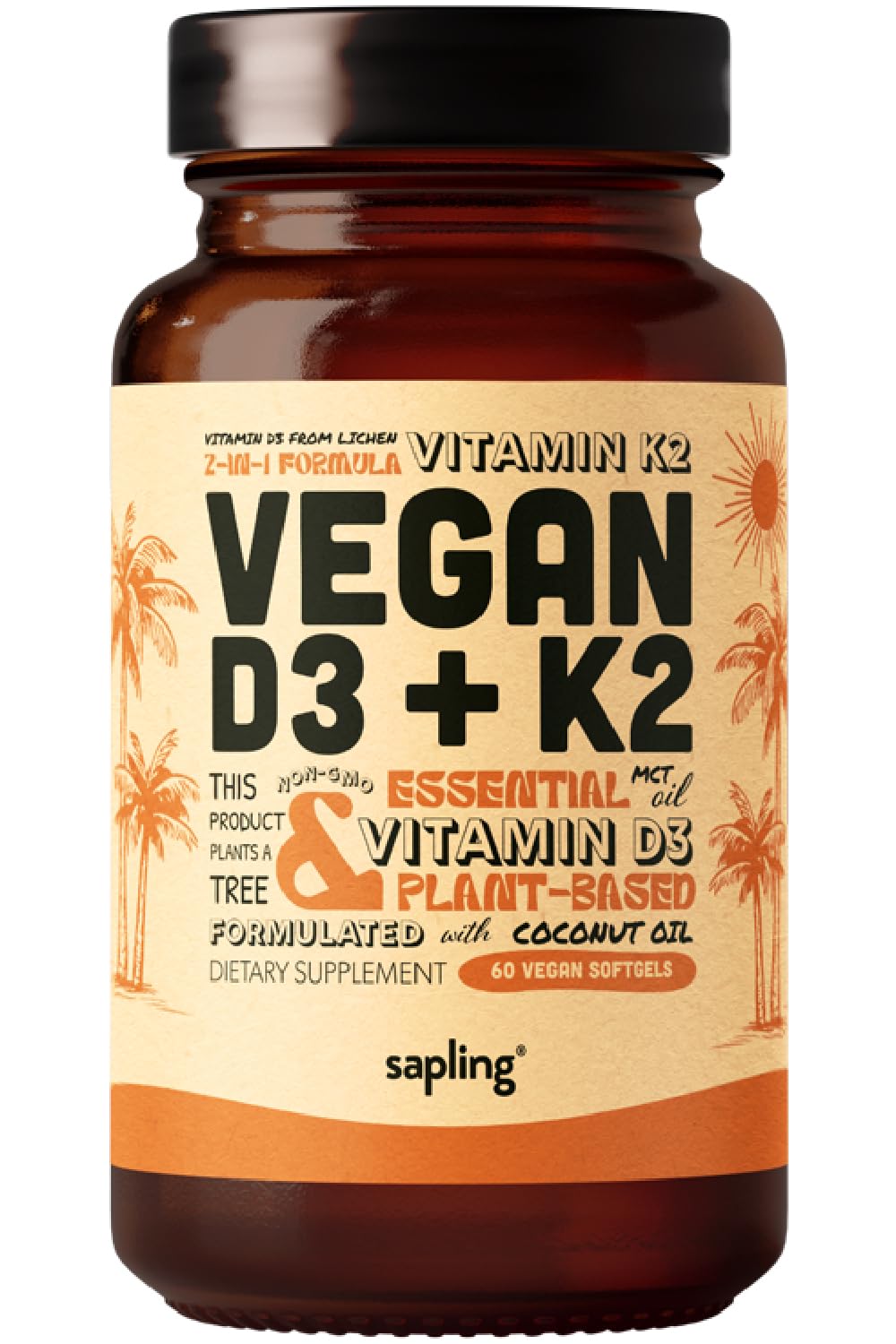 sapling Vegan Vitamin D3 + K2 Supplement - 60 Softgels