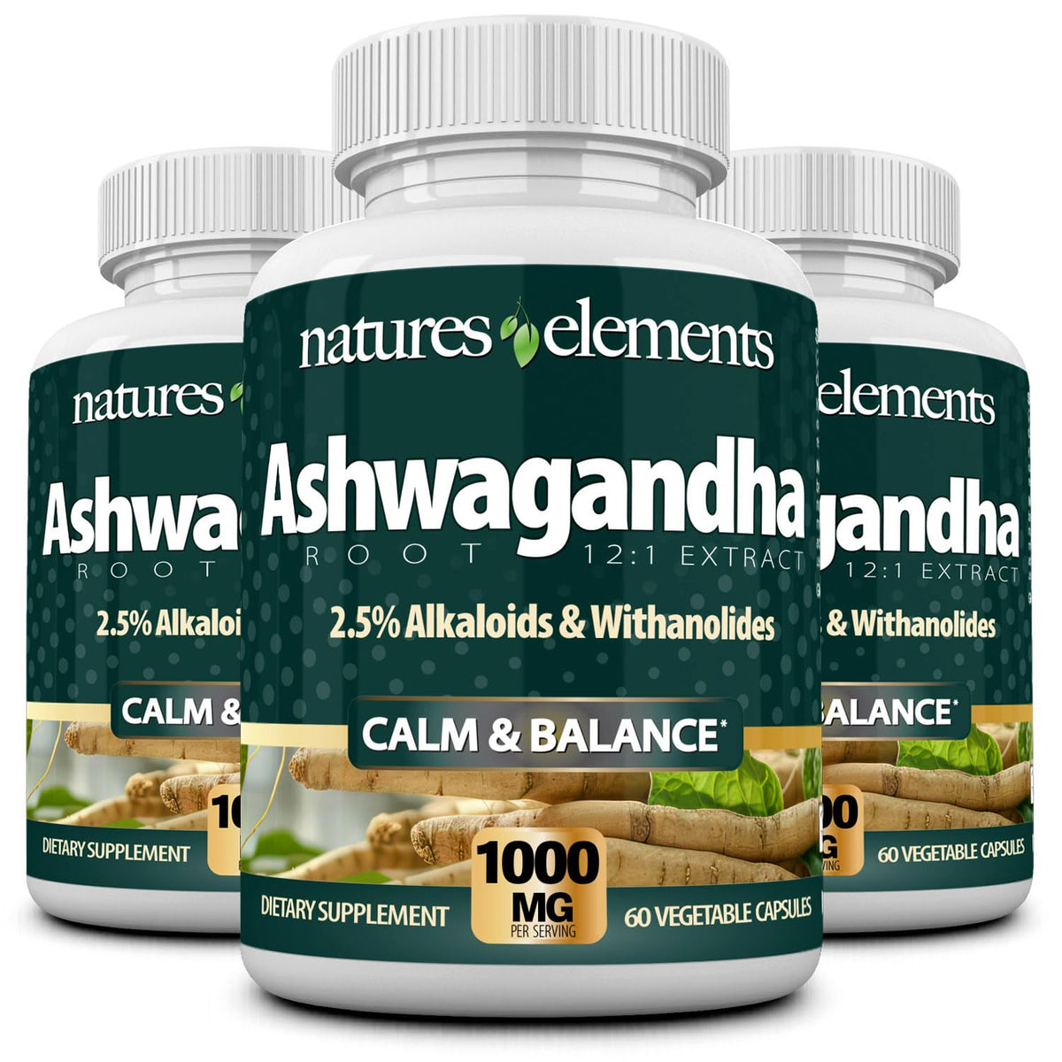 Natures Elements Ashwagandha Root 12:1 Extract 1000mg - 180 Vegetarian Capsules