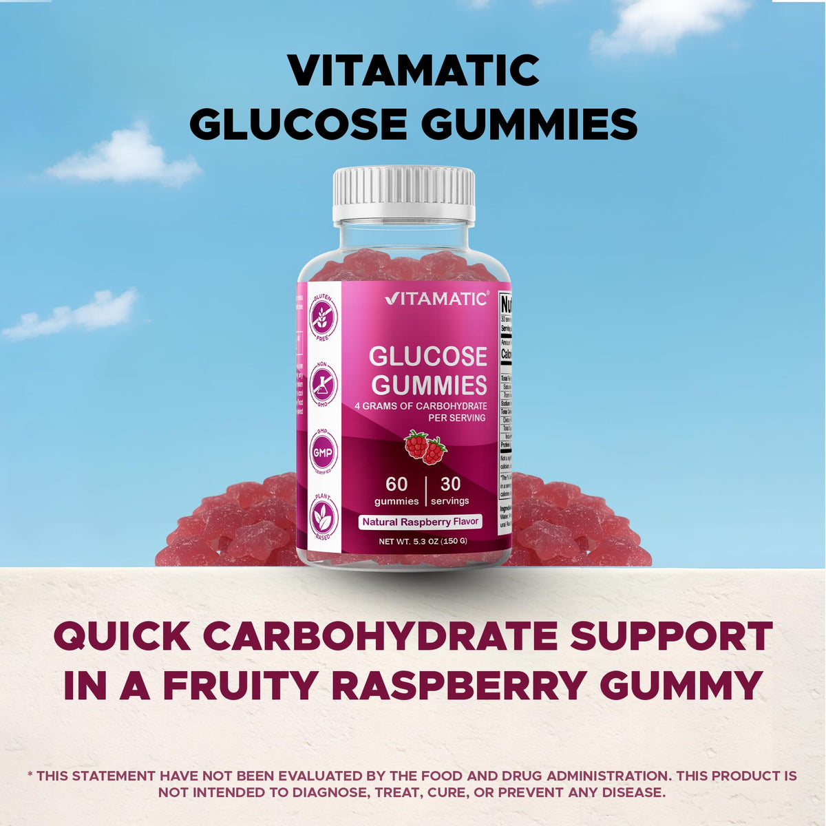 Vitamatic Glucose chewable Gummies - 60 Count - Natural Raspberry