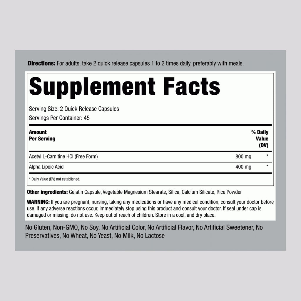 Piping Rock Acetyl L-Carnitine and Alpha Lipoic Acid - 90 Capsules - image 2
