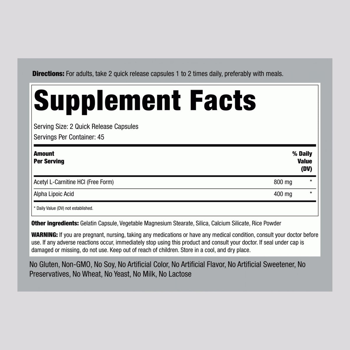 Piping Rock Acetyl L-Carnitine and Alpha Lipoic Acid - 90 Capsules - image 2
