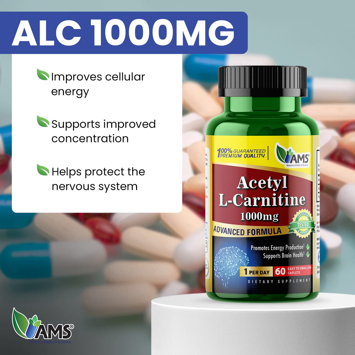 America Medic & Science Acetyl L-Carnitine 1000mg - 60 Tablets - image 2