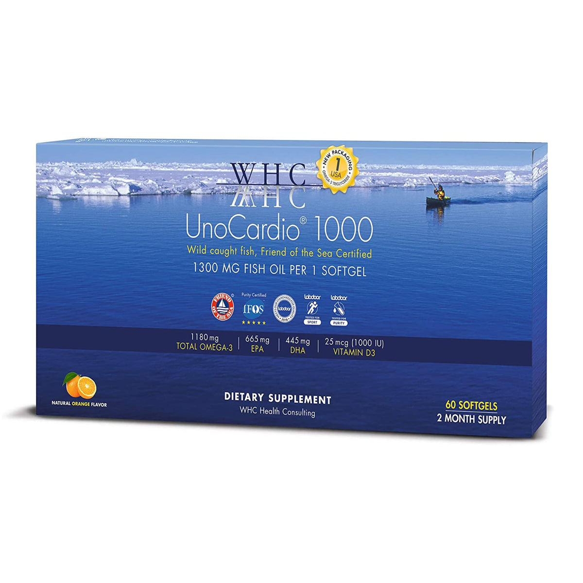 WHC UnoCardio 1000 Omega-3 Fish Oil with D3 - 60 Softgels