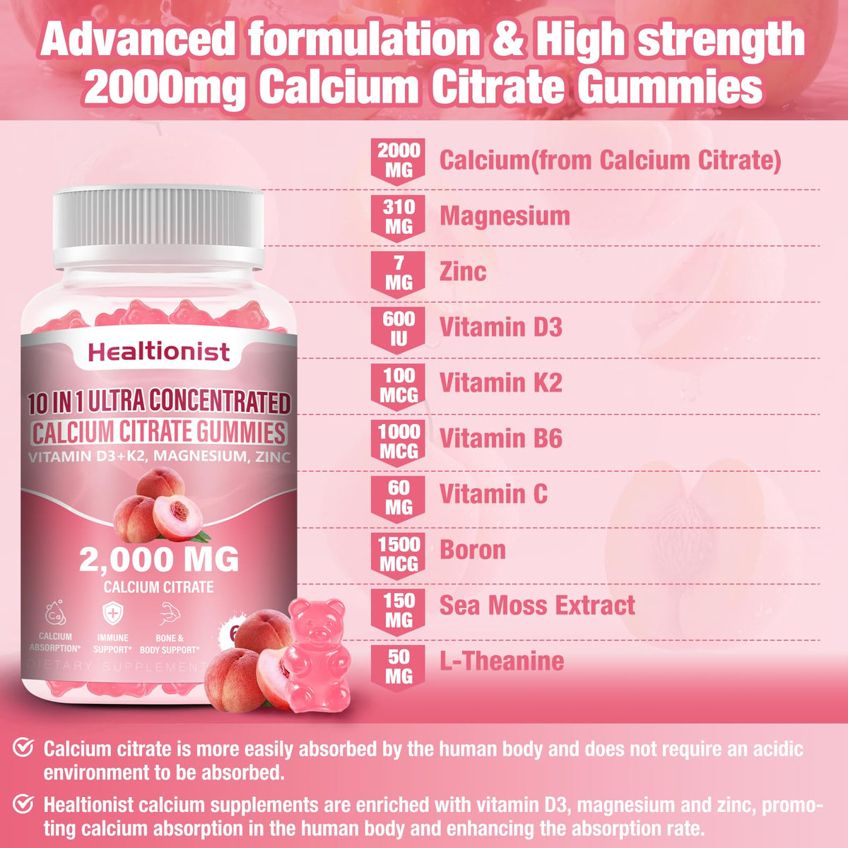Healtionist Calcium Citrate 2000mg with Vitamin D3 K2 - 120 Gummies - image 3