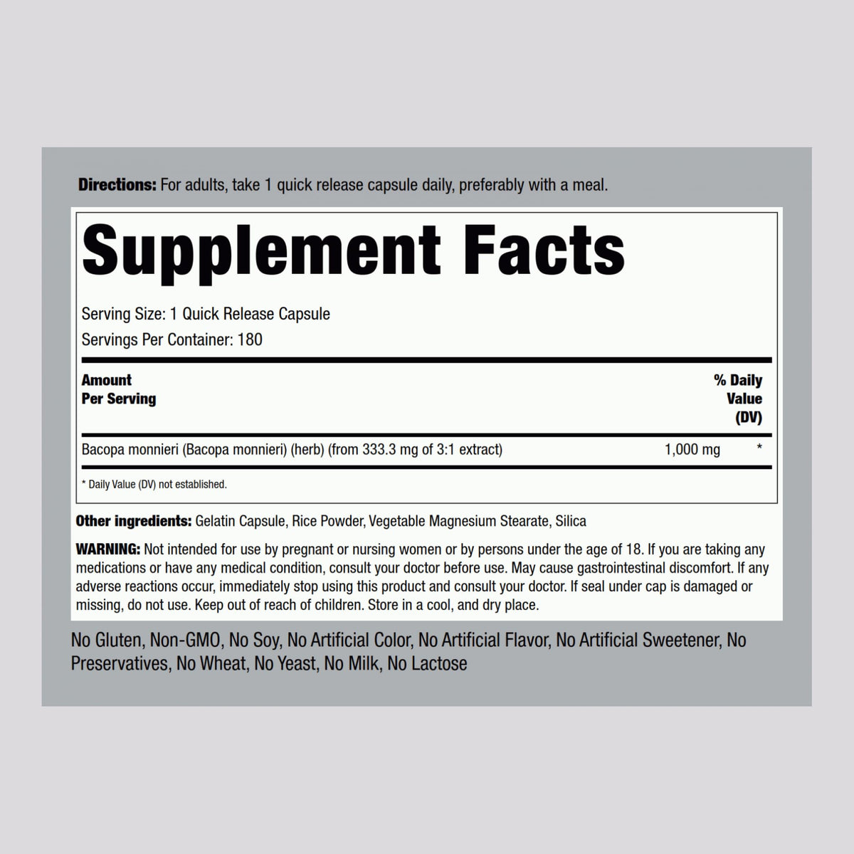 Piping Rock Bacopa Monnieri Herbal Extract - 180 Capsules - image 2