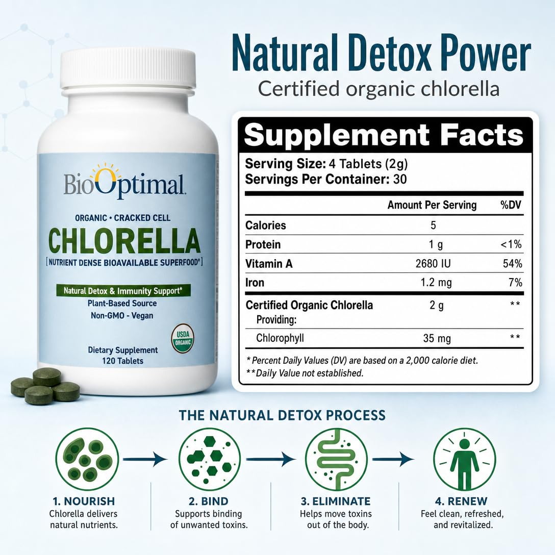 BioOptimal USDA Organic Chlorella Cracked Cell Wall - 120 Tablets - image 3